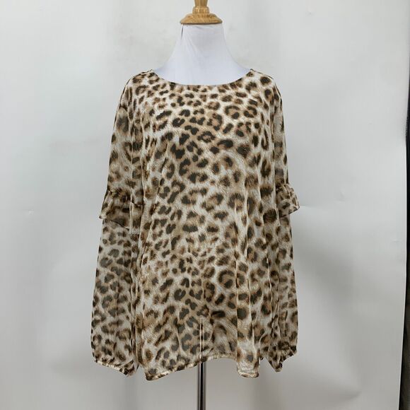 Wrangler Retro Blouse Womens XL Extra Large Cheetah Sheer Ruffle Tiered Sleeve - Picture 2 of 15
